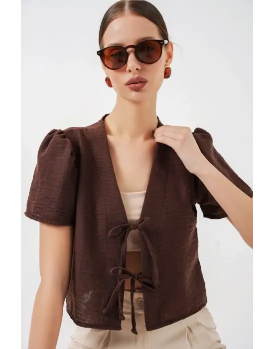 Kısa Kol Crop Bluz 958 - Kahverengi