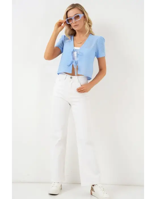 Kısa Kol Crop Bluz 958 - Mavi