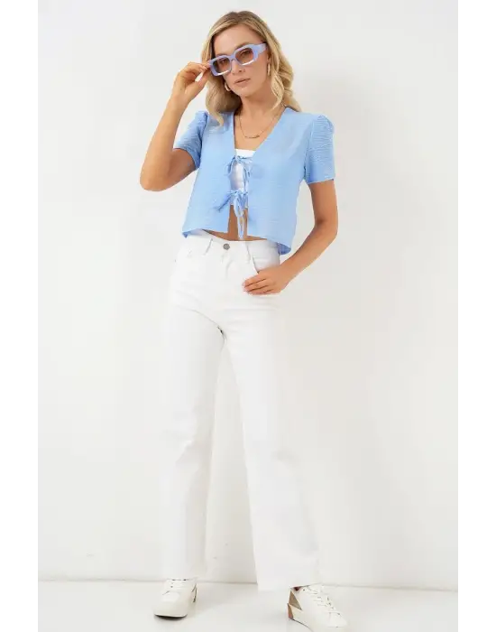 Kısa Kol Crop Bluz 958 - Mavi
