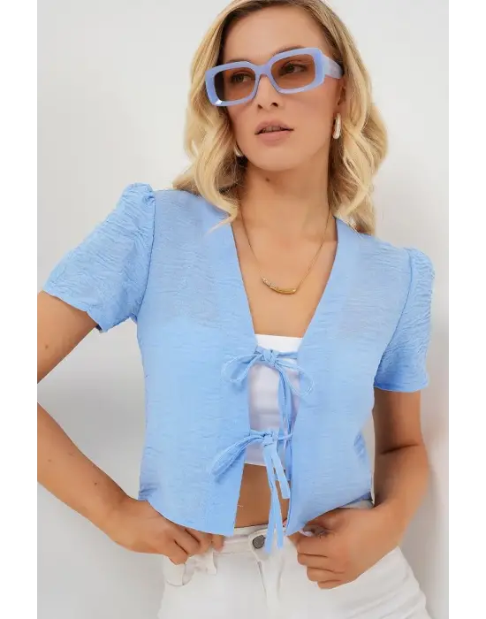 Kısa Kol Crop Bluz 958 - Mavi