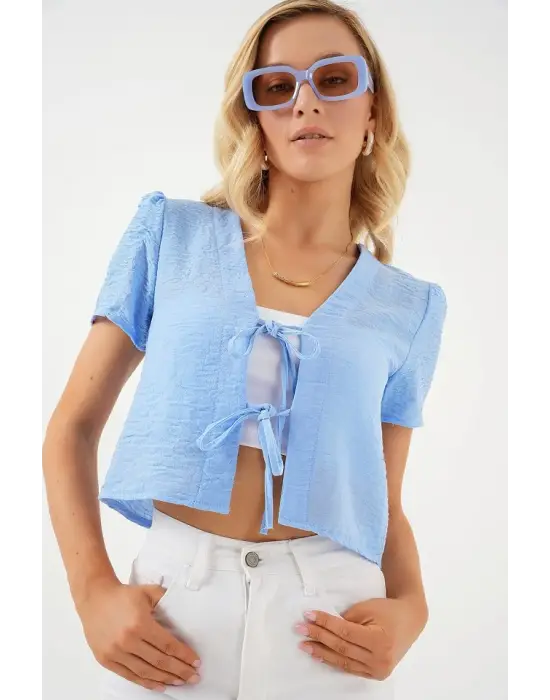 Kısa Kol Crop Bluz 958 - Mavi
