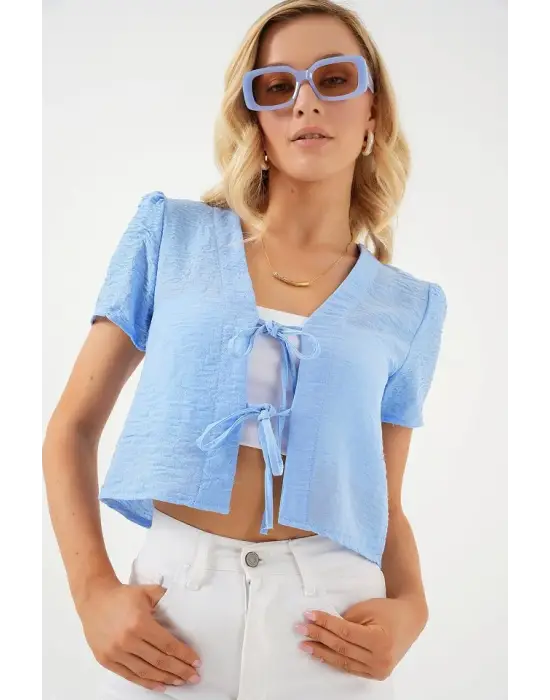 Kısa Kol Crop Bluz 958 - Mavi