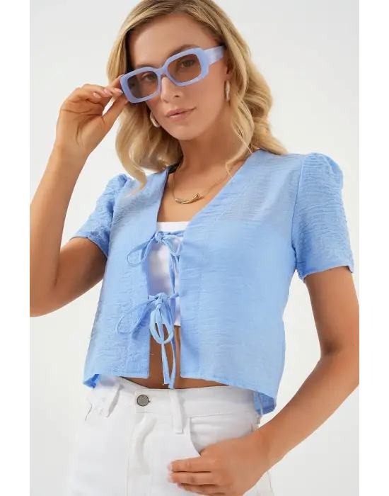 Kısa Kol Crop Bluz 958 - Mavi