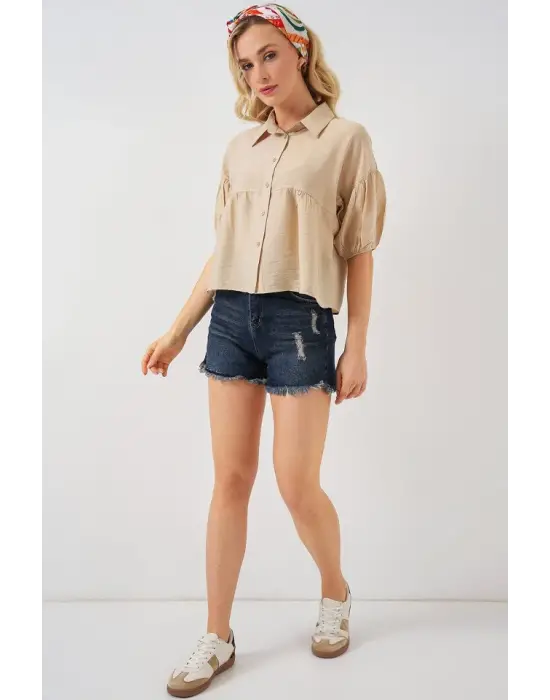 Kısa Kol Crop Gömlek 20335 - Bej