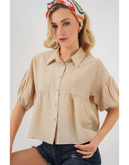 Kısa Kol Crop Gömlek 20335 - Bej