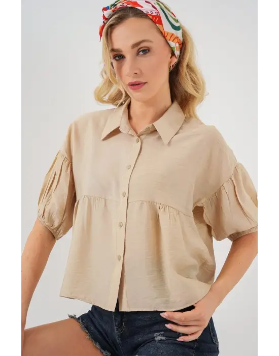 Kısa Kol Crop Gömlek 20335 - Bej