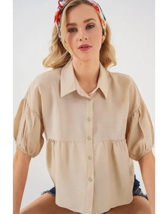 Kısa Kol Crop Gömlek 20335 - Bej