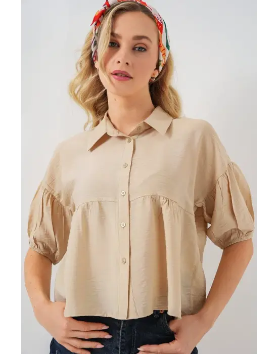 Kısa Kol Crop Gömlek 20335 - Bej