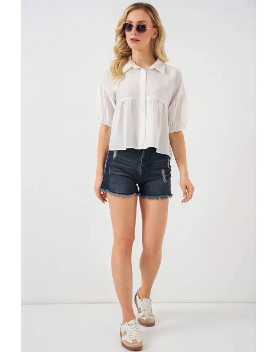 Kısa Kol Crop Gömlek 20335 - Beyaz