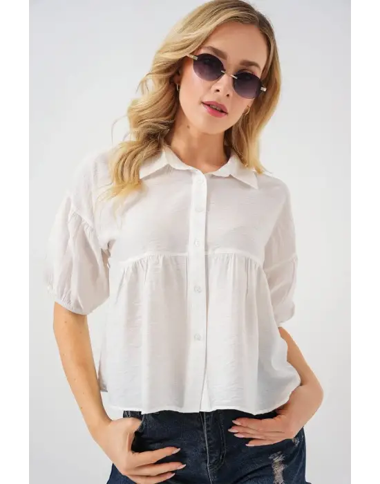 Kısa Kol Crop Gömlek 20335 - Beyaz