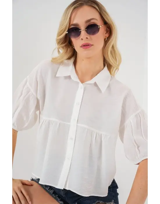 Kısa Kol Crop Gömlek 20335 - Beyaz