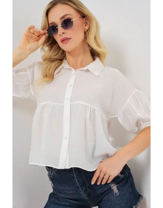Kısa Kol Crop Gömlek 20335 - Beyaz