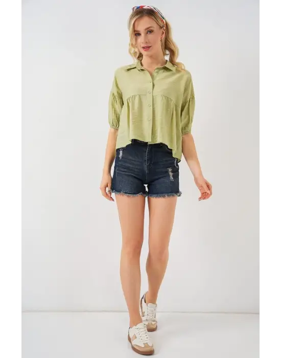 Kısa Kol Crop Gömlek 20335 - E.Yeşil