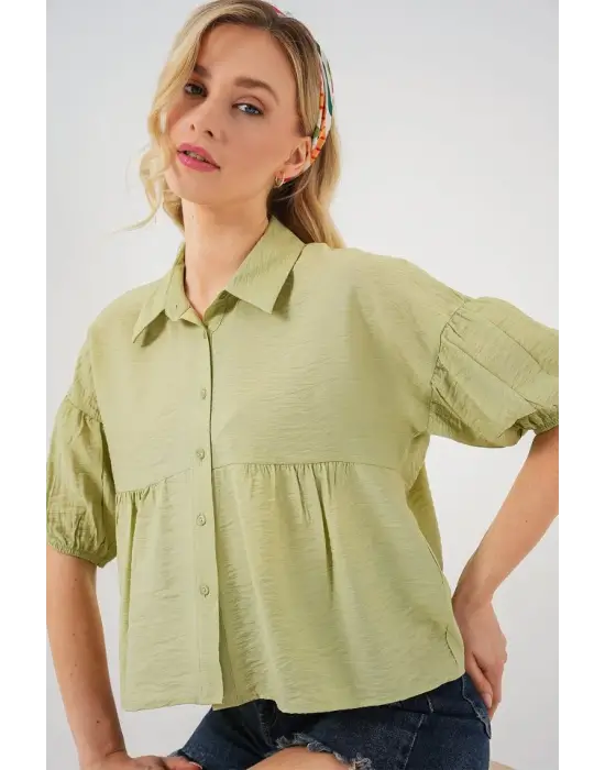 Kısa Kol Crop Gömlek 20335 - E.Yeşil