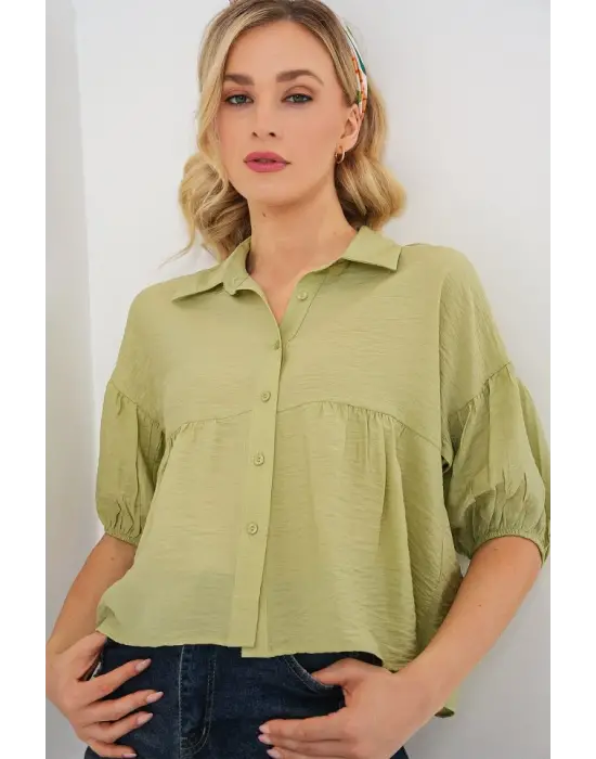 Kısa Kol Crop Gömlek 20335 - E.Yeşil