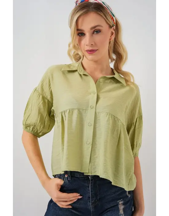 Kısa Kol Crop Gömlek 20335 - E.Yeşil