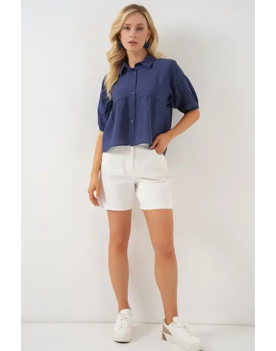 Kısa Kol Crop Gömlek 20335 - İndigo