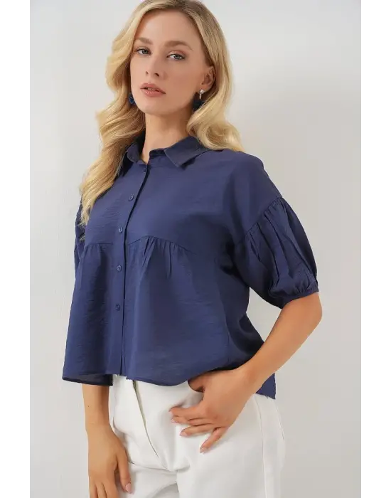 Kısa Kol Crop Gömlek 20335 - İndigo