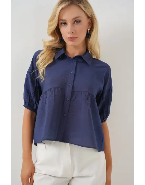 Kısa Kol Crop Gömlek 20335 - İndigo