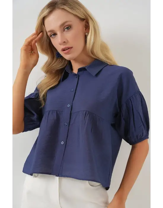 Kısa Kol Crop Gömlek 20335 - İndigo