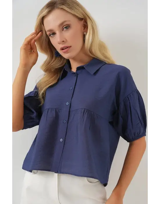 Kısa Kol Crop Gömlek 20335 - İndigo
