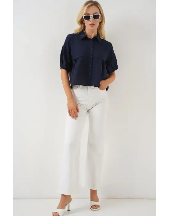 Kısa Kol Crop Gömlek 20335 - Lacivert