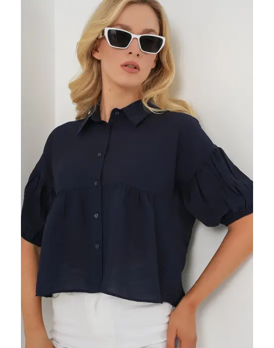 Kısa Kol Crop Gömlek 20335 - Lacivert