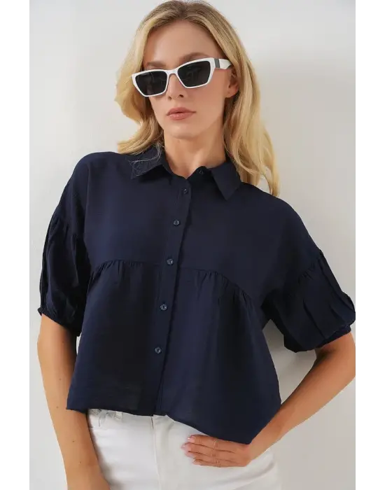 Kısa Kol Crop Gömlek 20335 - Lacivert