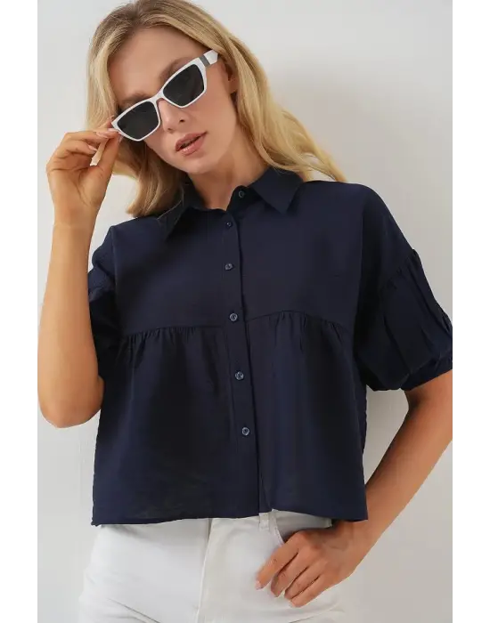 Kısa Kol Crop Gömlek 20335 - Lacivert