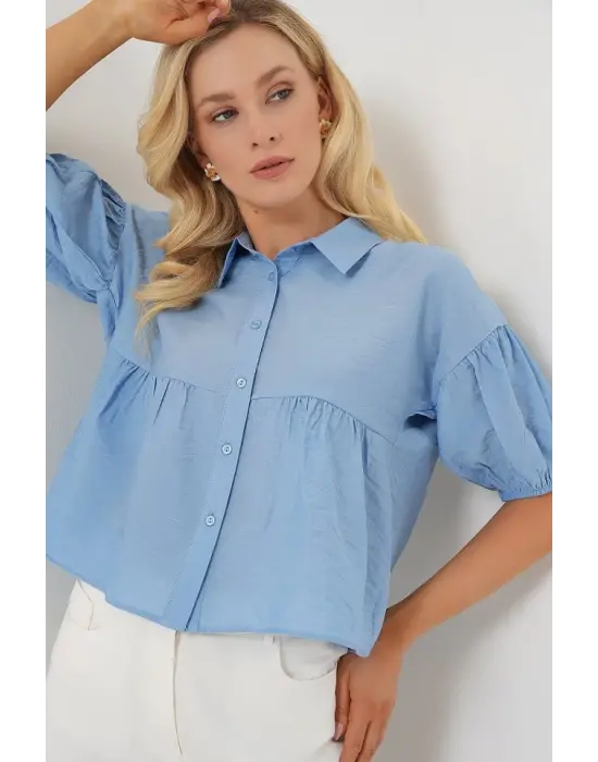 Kısa Kol Crop Gömlek 20335 - Mavi