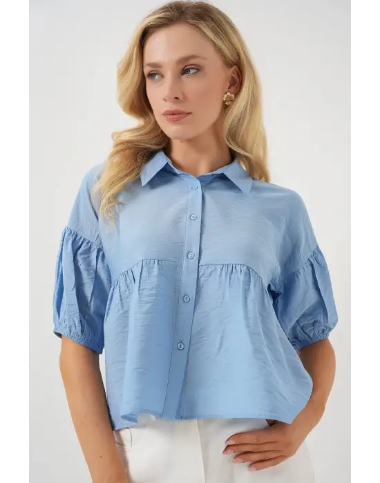 Kısa Kol Crop Gömlek 20335 - Mavi