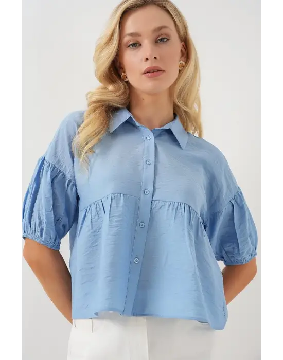 Kısa Kol Crop Gömlek 20335 - Mavi