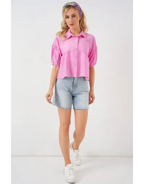 Kısa Kol Crop Gömlek 20335 - Pudra