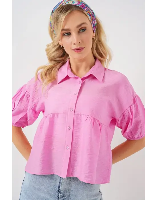 Kısa Kol Crop Gömlek 20335 - Pudra