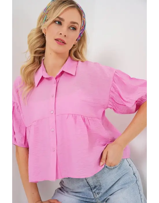 Kısa Kol Crop Gömlek 20335 - Pudra