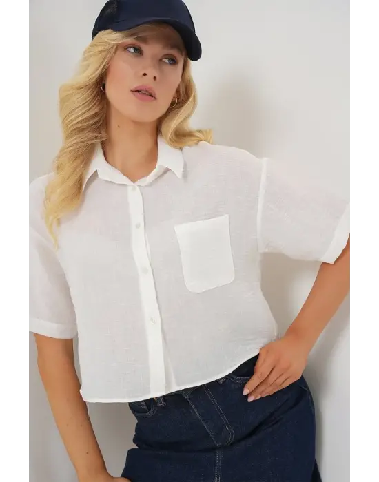 Kısa Kol Crop Gömlek 20341 - Beyaz