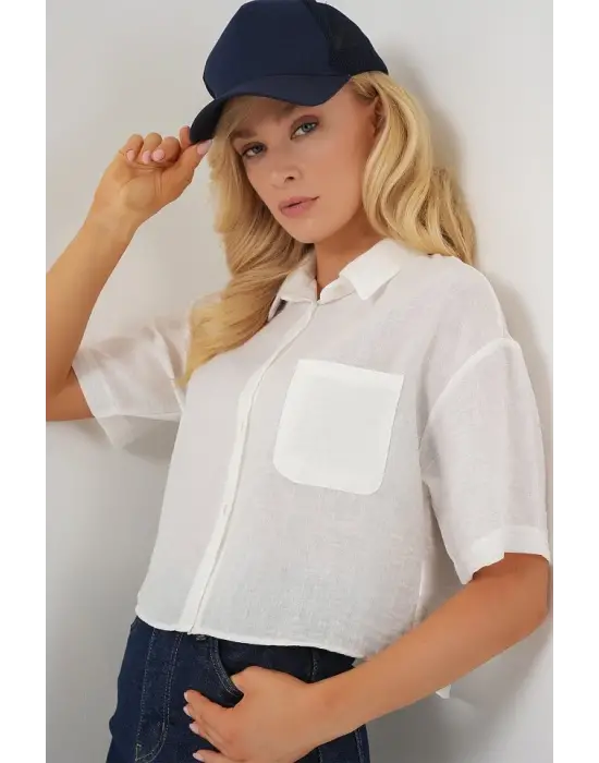 Kısa Kol Crop Gömlek 20341 - Beyaz
