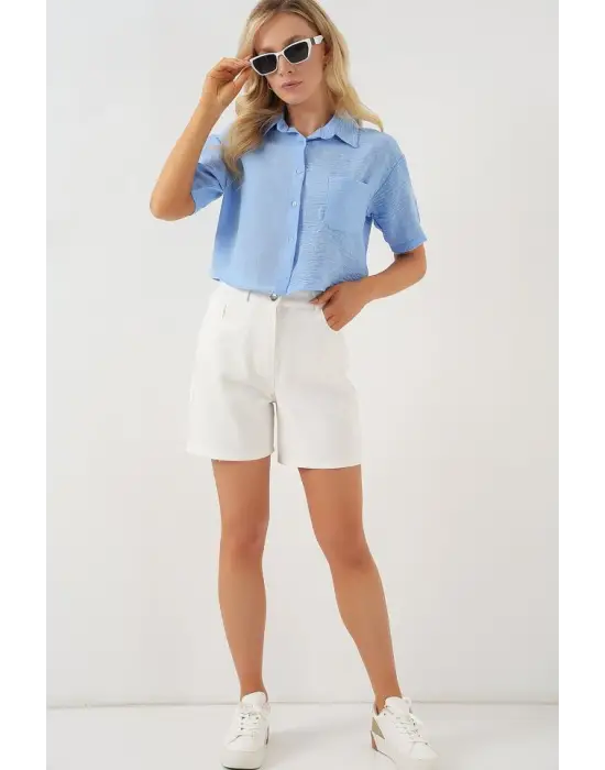 Kısa Kol Crop Gömlek 20341 - Mavi