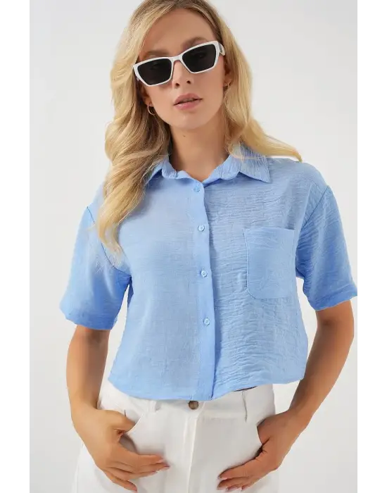 Kısa Kol Crop Gömlek 20341 - Mavi