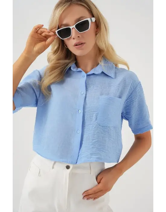 Kısa Kol Crop Gömlek 20341 - Mavi
