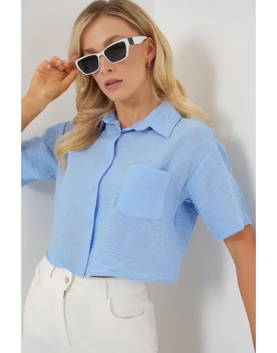 Kısa Kol Crop Gömlek 20341 - Mavi
