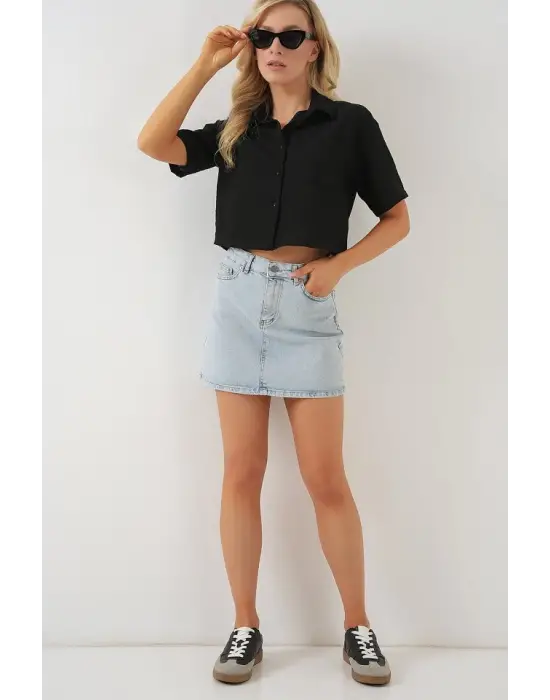 Kısa Kol Crop Gömlek 20341 - Siyah