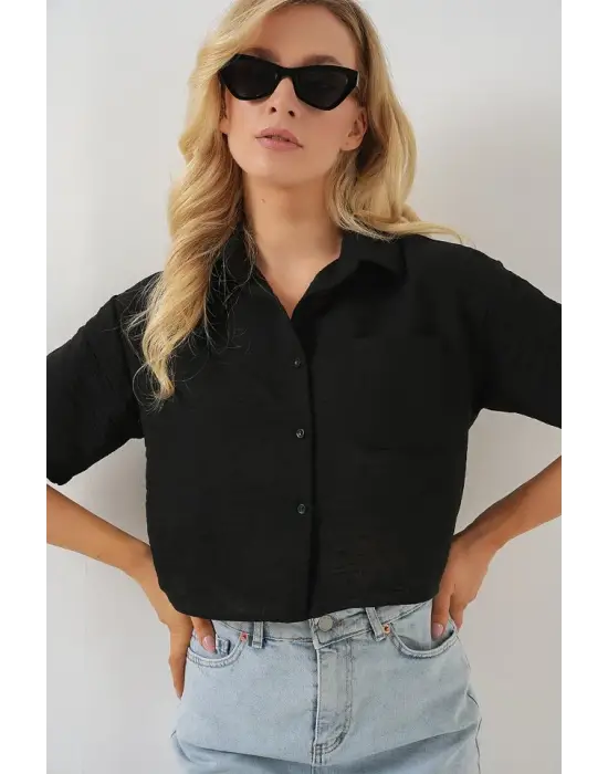 Kısa Kol Crop Gömlek 20341 - Siyah
