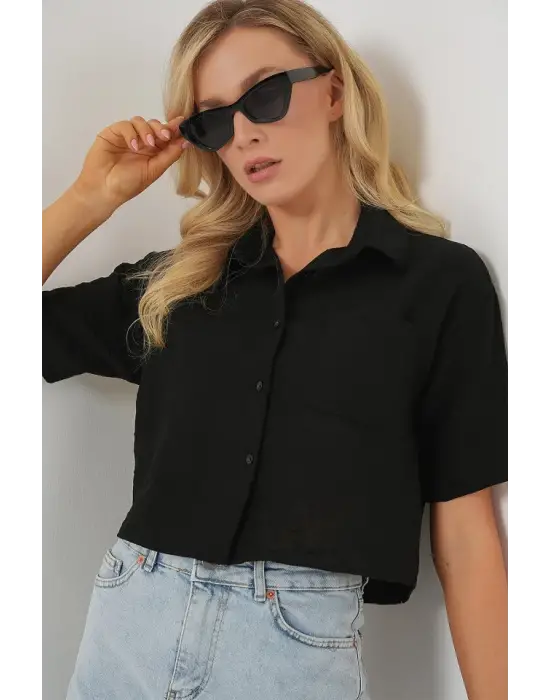 Kısa Kol Crop Gömlek 20341 - Siyah
