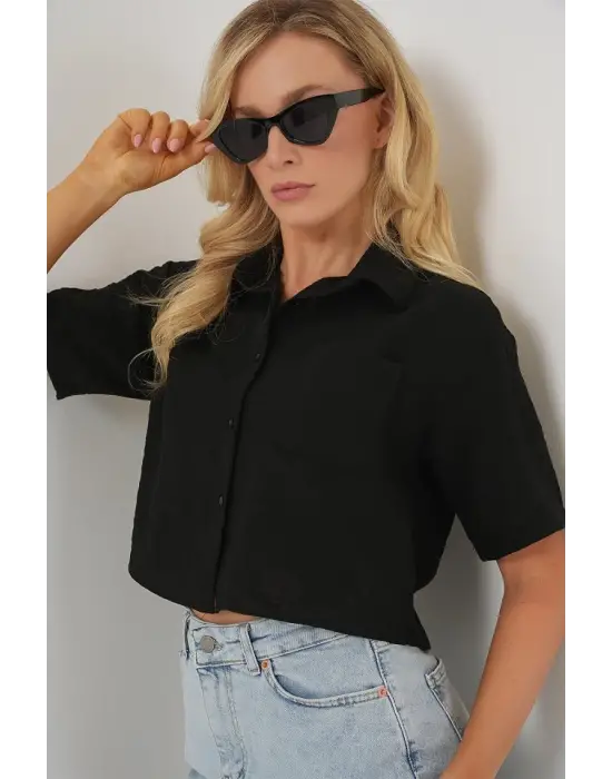 Kısa Kol Crop Gömlek 20341 - Siyah