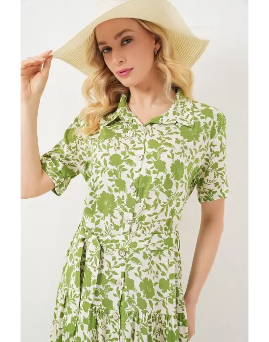 Kısa Kol Desenli Elbise 2560 - E.Yeşil