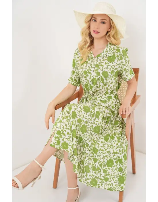 Kısa Kol Desenli Elbise 2560 - E.Yeşil