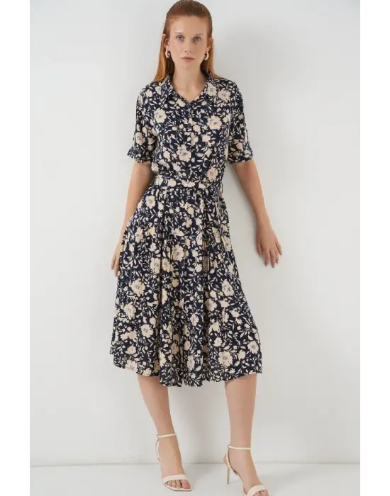 Kısa Kol Desenli Elbise 2560 - Lacivert