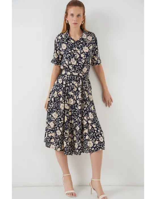Kısa Kol Desenli Elbise 2560 - Lacivert