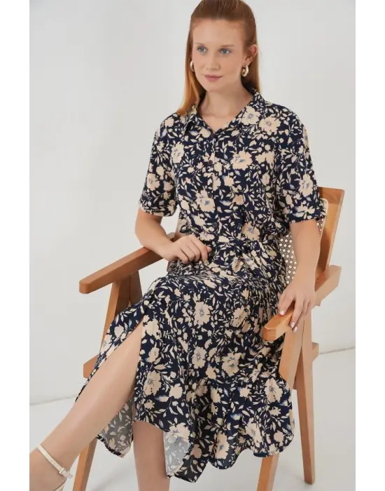Kısa Kol Desenli Elbise 2560 - Lacivert